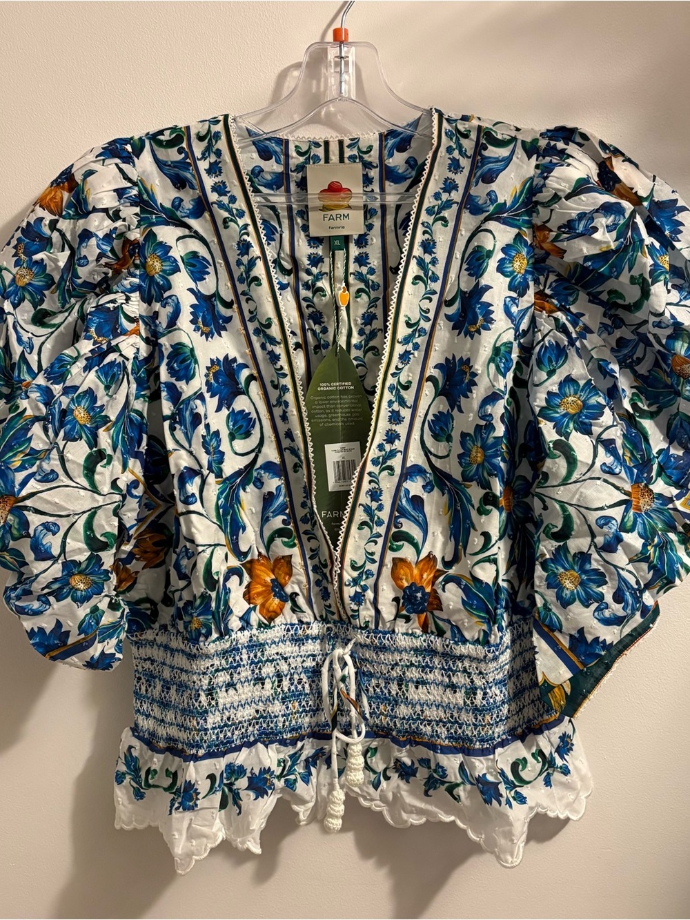 Boho Cottagecore Farm Rio Blue Floral Puff Sleeve Peplum Top XL NWT